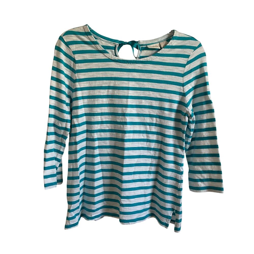 Chico’s 3/4 Sleeve Blue and White Striped Nautical Tee - Size Medium